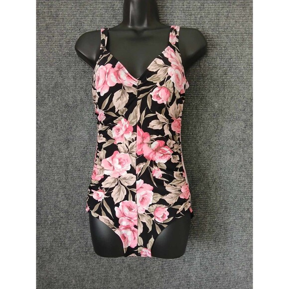 Gabar Swimsuit Vintage 90s One Piece Rouched Tummy Control Size 10 Floral Rose - Picture 1 of 8